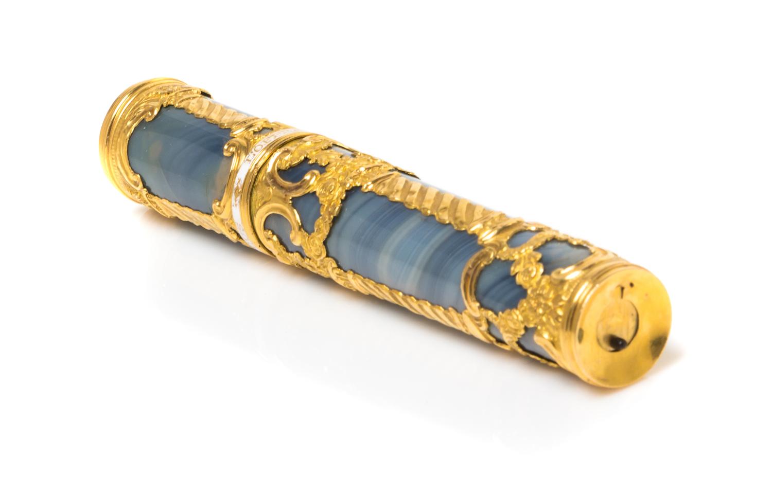 A George II Gold-Mounted Agate Needle Case and Spy Glass, Circa 1760, the mounts depicting baskets of flowers and solomonic columns, wi