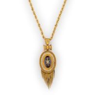 VICTORIAN, GOLD, GARNET, ENAMEL AND DIAMOND PENDANT ON LATER CHAIN