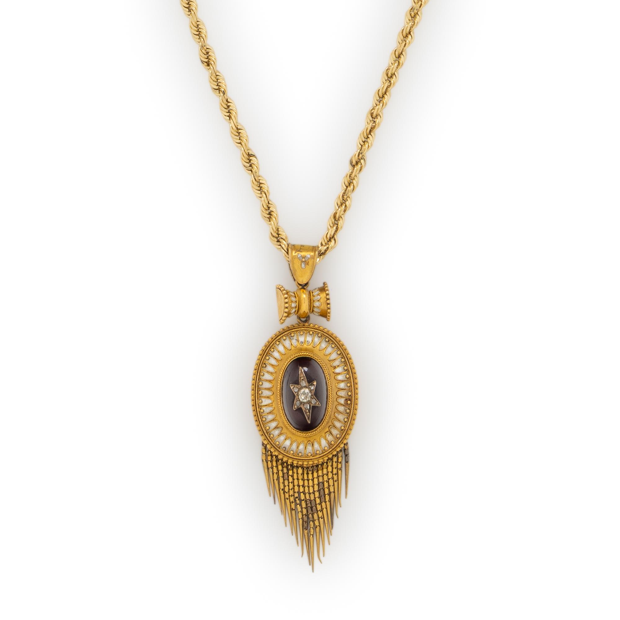 VICTORIAN, GOLD, GARNET, ENAMEL AND DIAMOND PENDANT ON LATER CHAIN