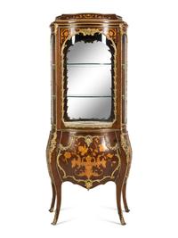 A Louis XV Style Gilt Bronze Mounted Mahogany and Marquetry Vitrine Cabinet