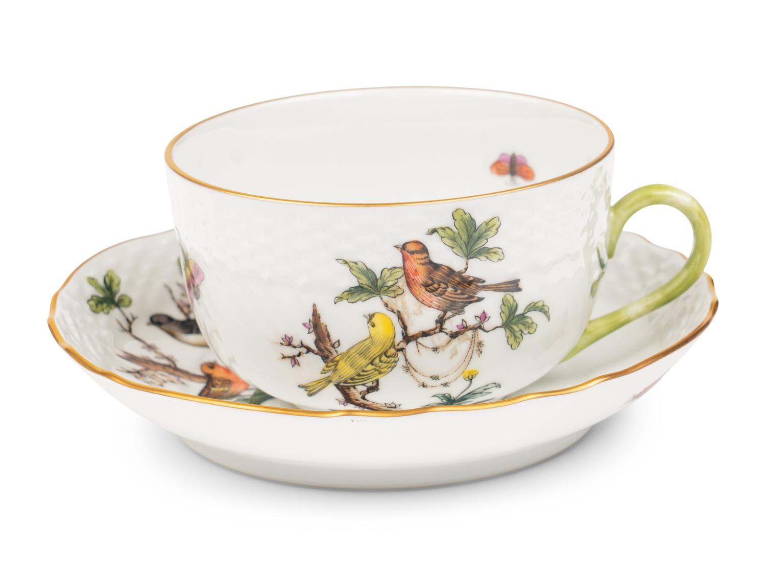 A Set of Ten Herend Rothschild Bird Porcelain Teacups and Nine Saucers
