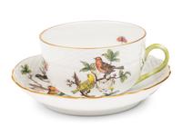 A Set of Ten Herend Rothschild Bird Porcelain Teacups and Nine Saucers