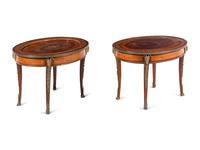 A Near Pair of Louis XV Style Gilt Bronze Mounted Marquetry Low Tables