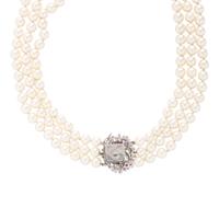 CULTURED PEARL, RUBY, DIAMOND, AND WHITE GOLD NECKLACE