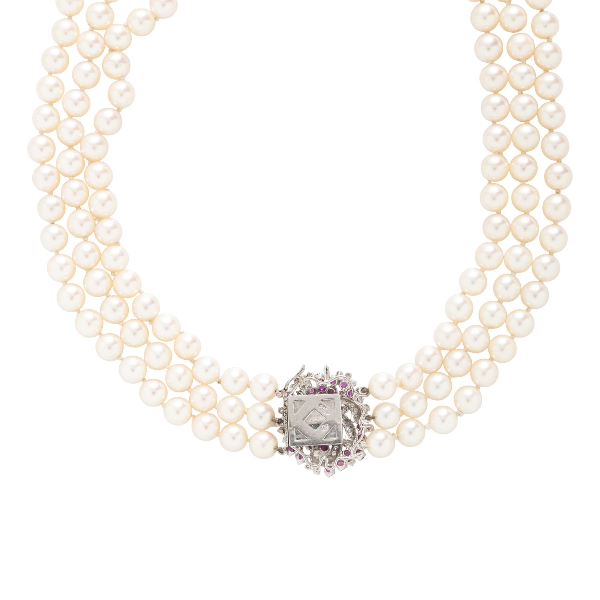 CULTURED PEARL, RUBY, DIAMOND, AND WHITE GOLD NECKLACE