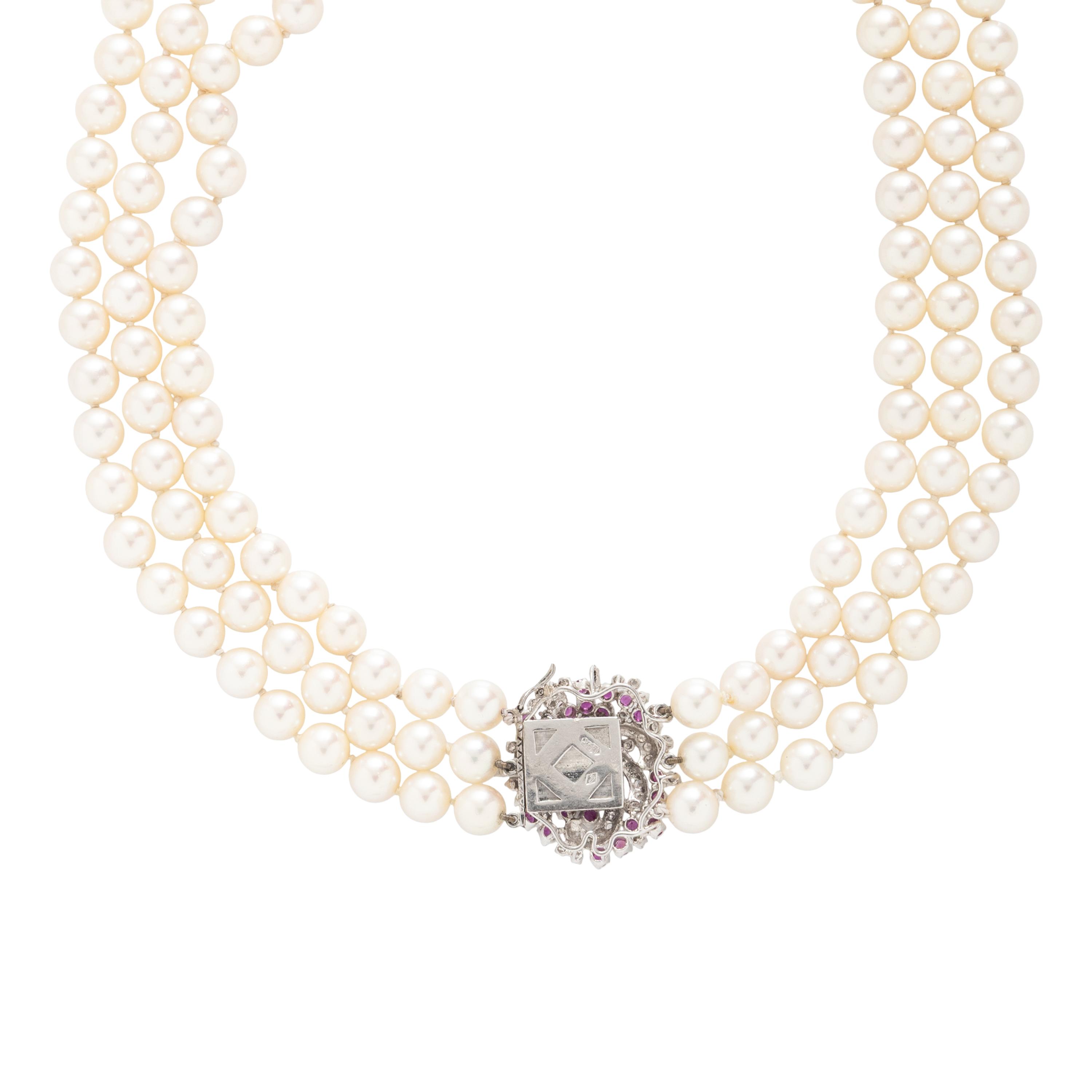 CULTURED PEARL, RUBY, DIAMOND, AND WHITE GOLD NECKLACE