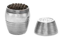 An American Silver Nutmeg Grater, Maker's Mark SM, of ribbed barrel form, one end having the engraved monogram MC.