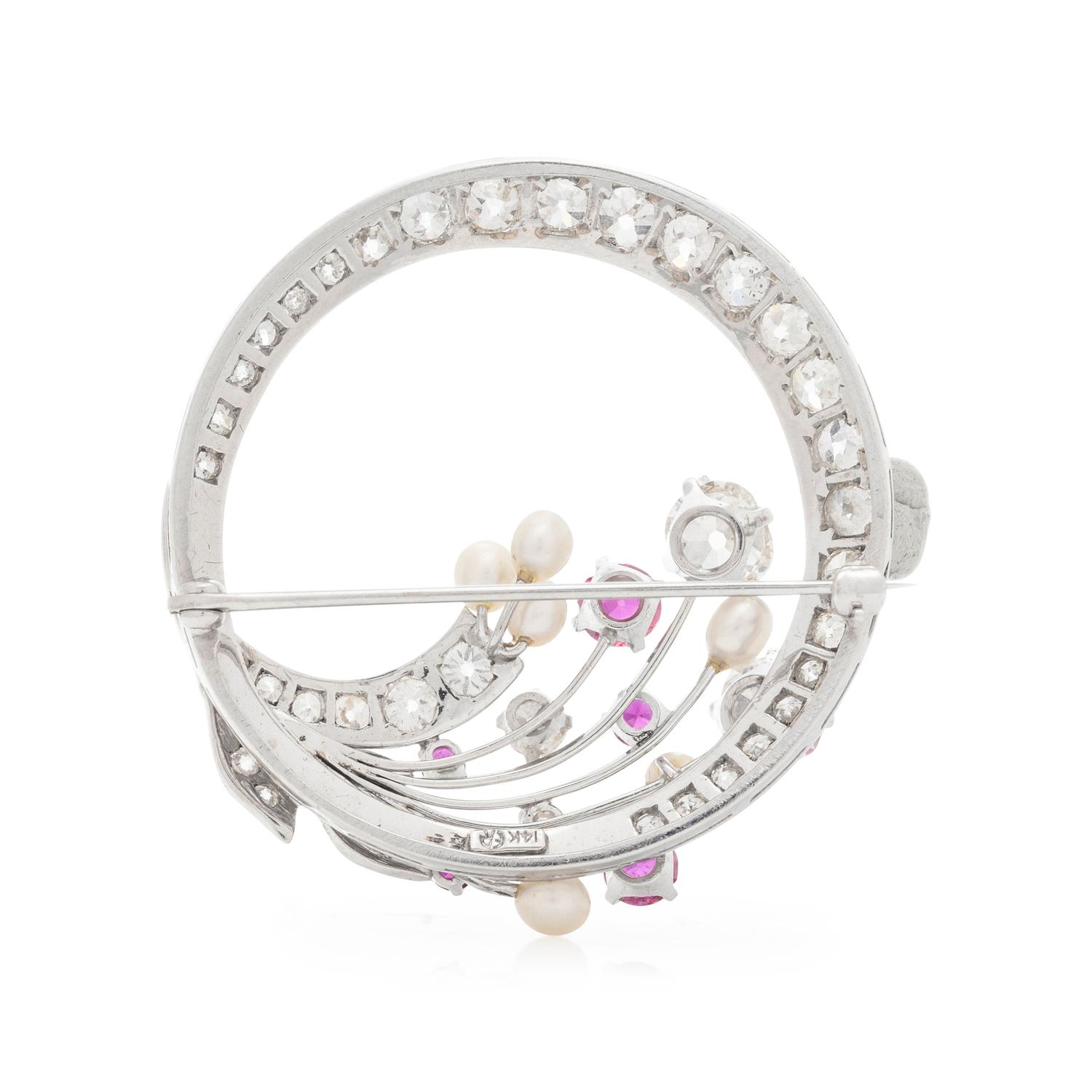 DIAMOND, RUBY AND CULTURED PEARL WREATH BROOCH