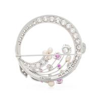 DIAMOND, RUBY AND CULTURED PEARL WREATH BROOCH