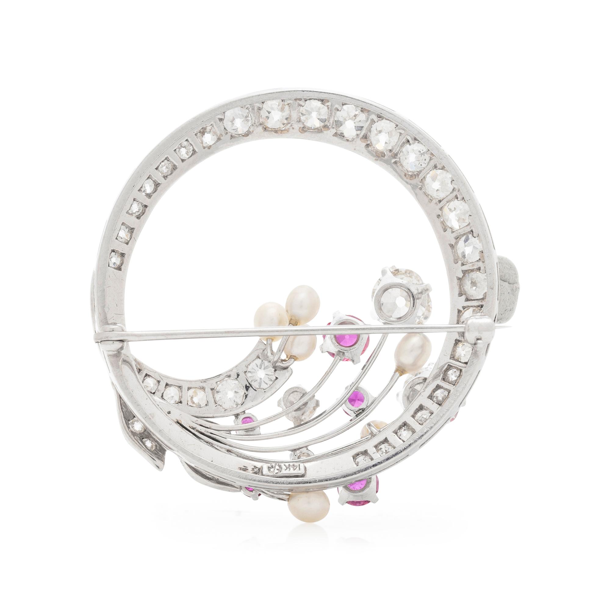 DIAMOND, RUBY AND CULTURED PEARL WREATH BROOCH