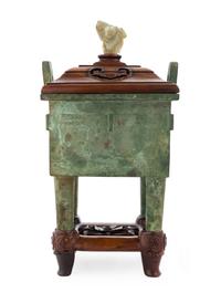 A Chinese Bronze Censer Fang Ding 17TH/18TH CENTURY Height overall 13 inches. — 17TH/18TH CENTURY