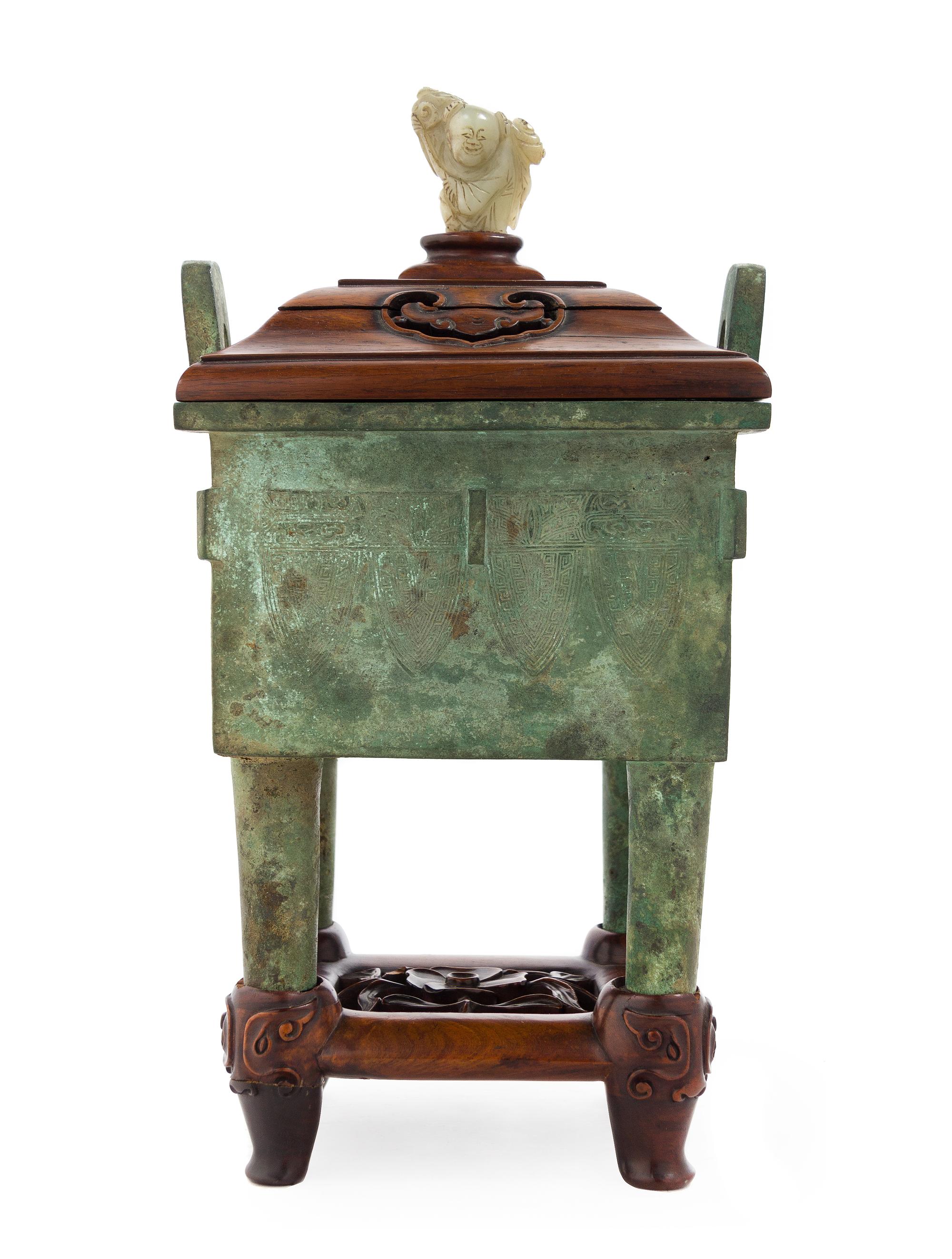 A Chinese Bronze Censer Fang Ding 17TH/18TH CENTURY Height overall 13 inches. — 17TH/18TH CENTURY