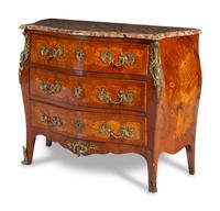 A Louis XV Style Gilt Bronze Mounted Marquetry Marble-Top Commode