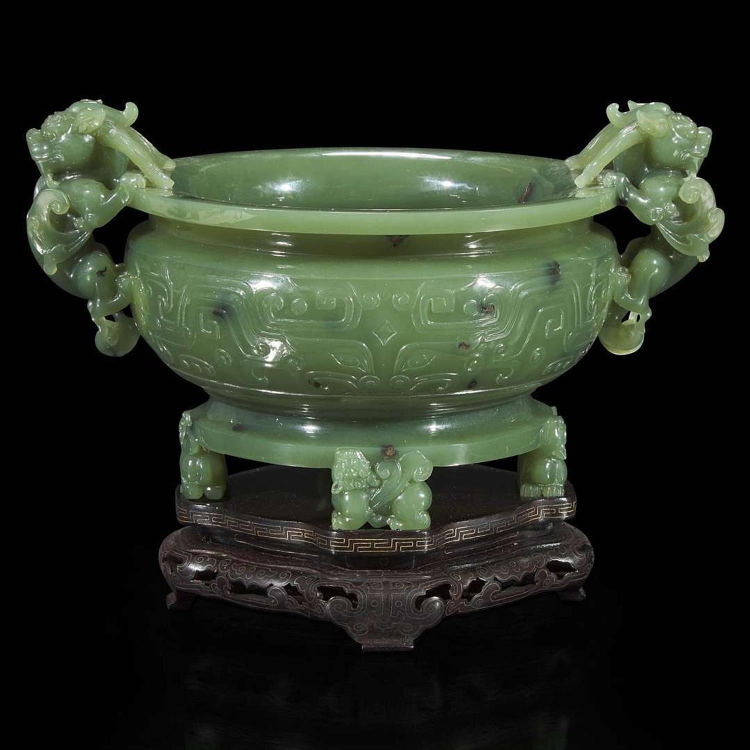 A Chinese carved sage green jade tripod censer 碧玉三足香炉