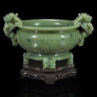 A Chinese carved sage green jade tripod censer 碧玉三足香炉