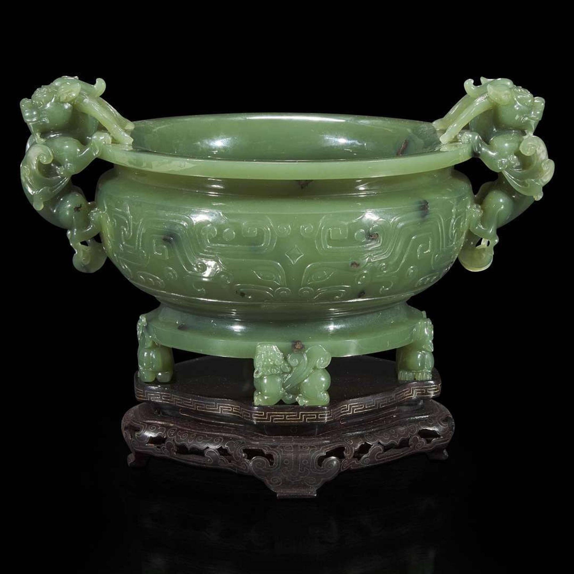 A Chinese carved sage green jade tripod censer 碧玉三足香炉