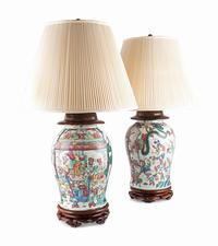 Two Chinese Enameled Porcelain Jars, Mounted as Lamps