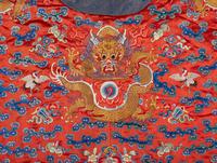 A Chinese Red Ground Embroidered Silk Dragon Robe, Late 19th-20th Century 晚清-民國 紅緞地龍袍