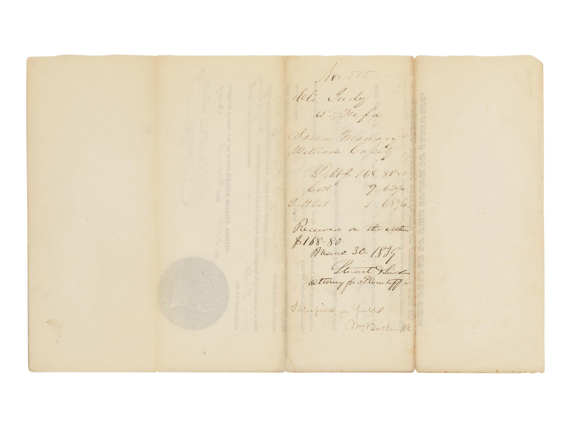 [LINCOLN, Abraham] (1809-1865). Partially printed document, endorsed on verso ("Stuart & Lincoln"). Springfield, Illinois, 30 March 1839.