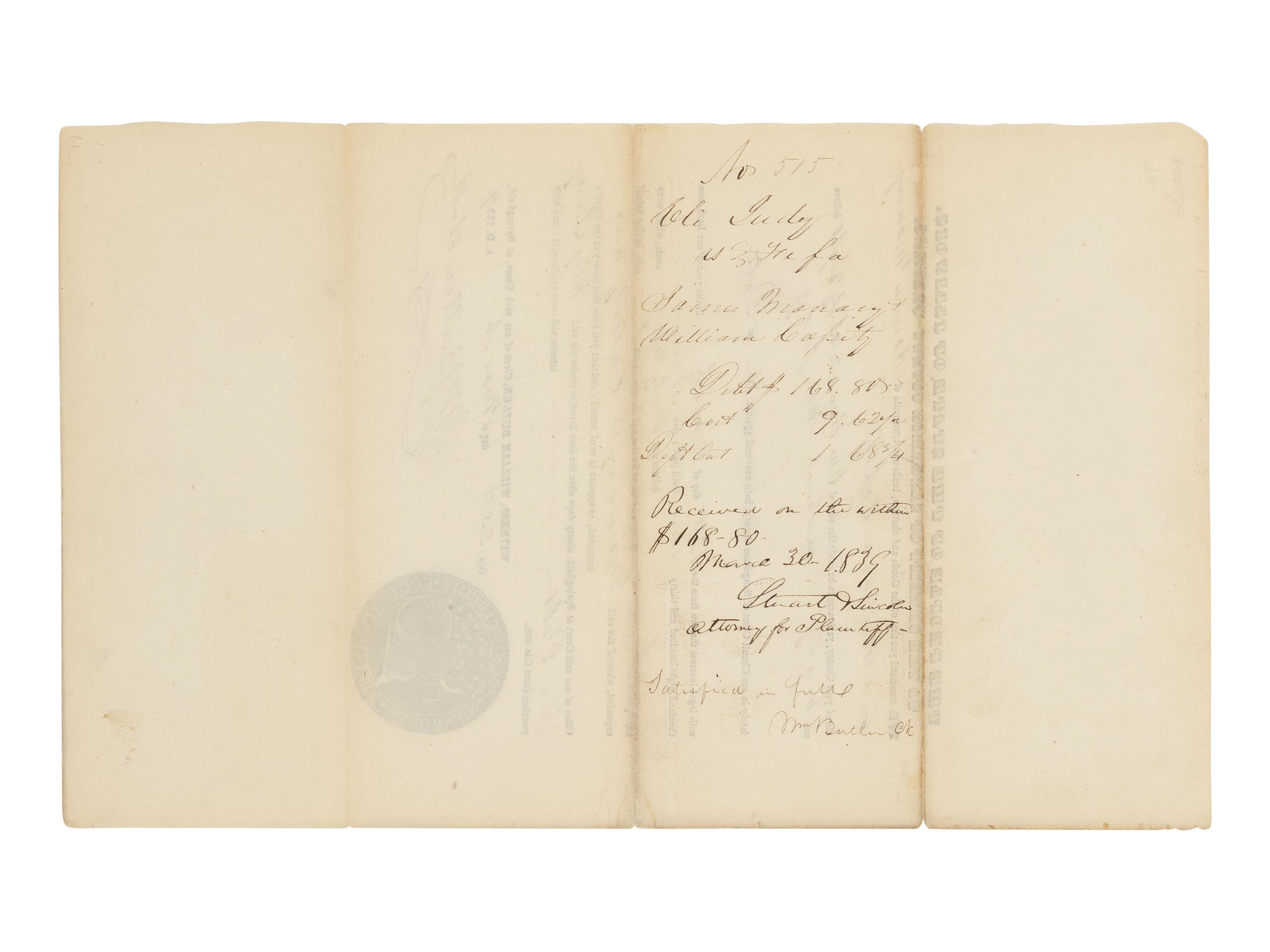 [LINCOLN, Abraham] (1809-1865). Partially printed document, endorsed on verso ("Stuart & Lincoln"). Springfield, Illinois, 30 March 1839.