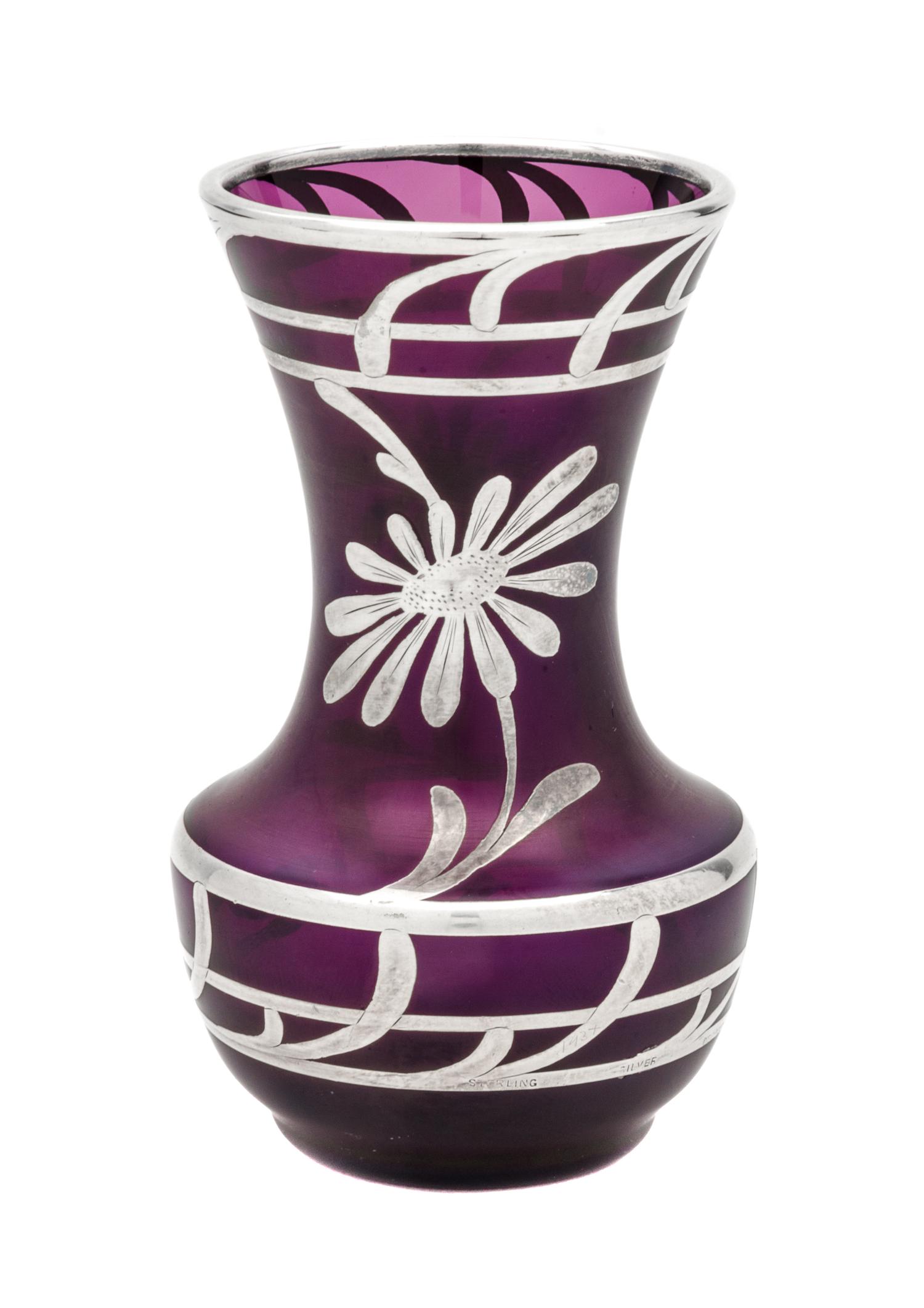 An Iridescent Silver Overlay Glass Vase, likely Austrian Height 4 inches.