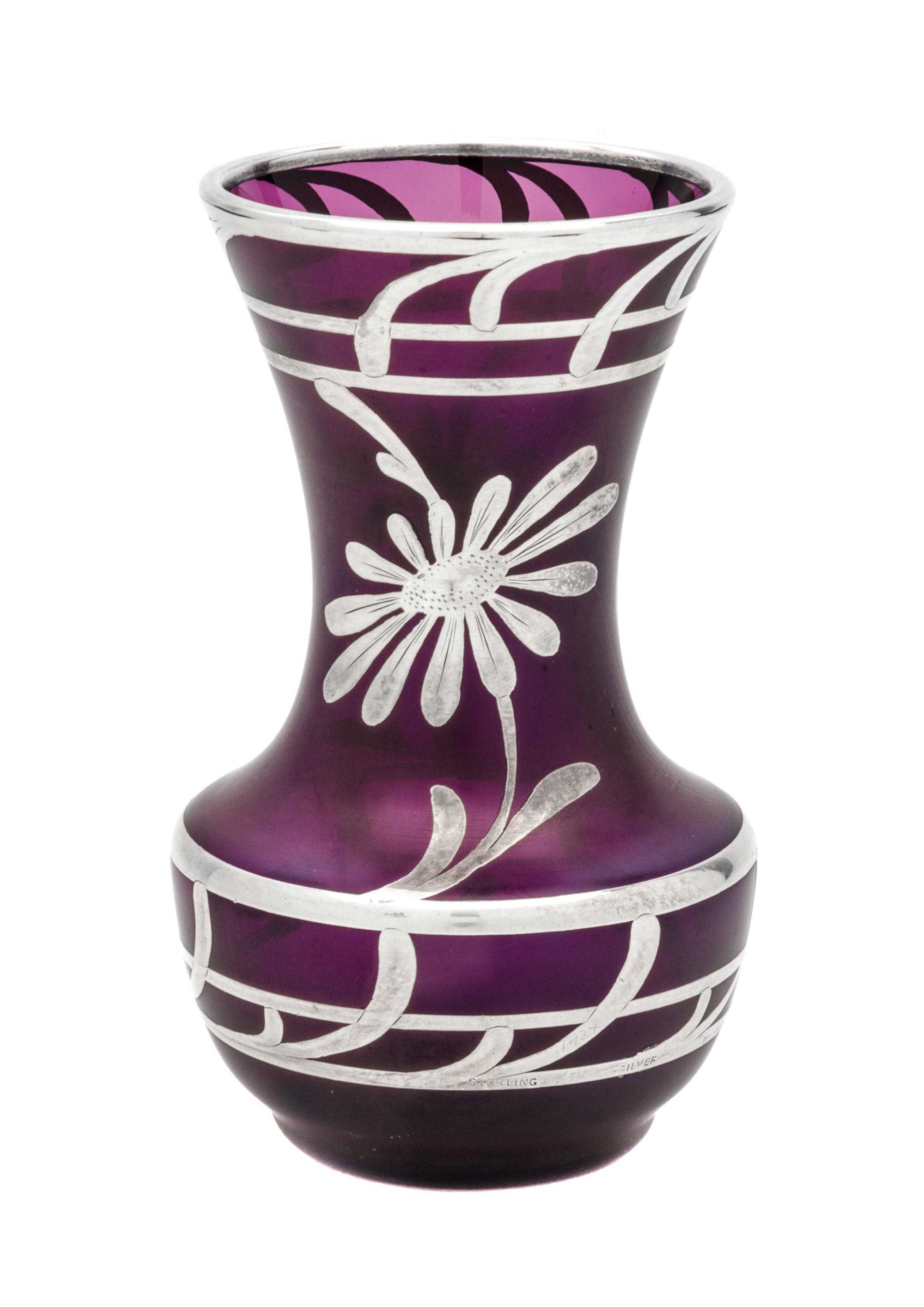 An Iridescent Silver Overlay Glass Vase, likely Austrian Height 4 inches.