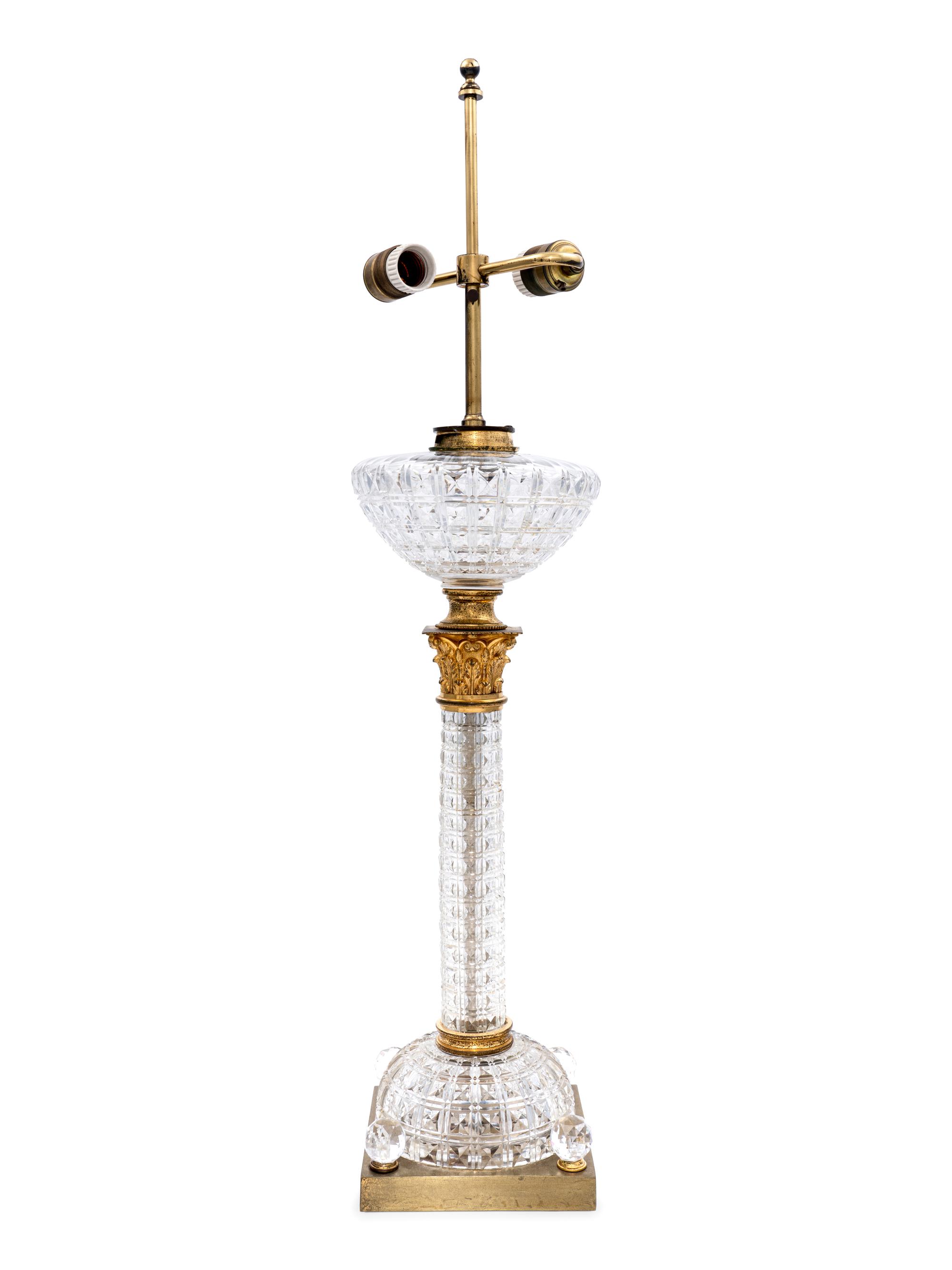 An English Gilt Metal Mounted Cut Glass Fluid Lamp Converted to Electricity
