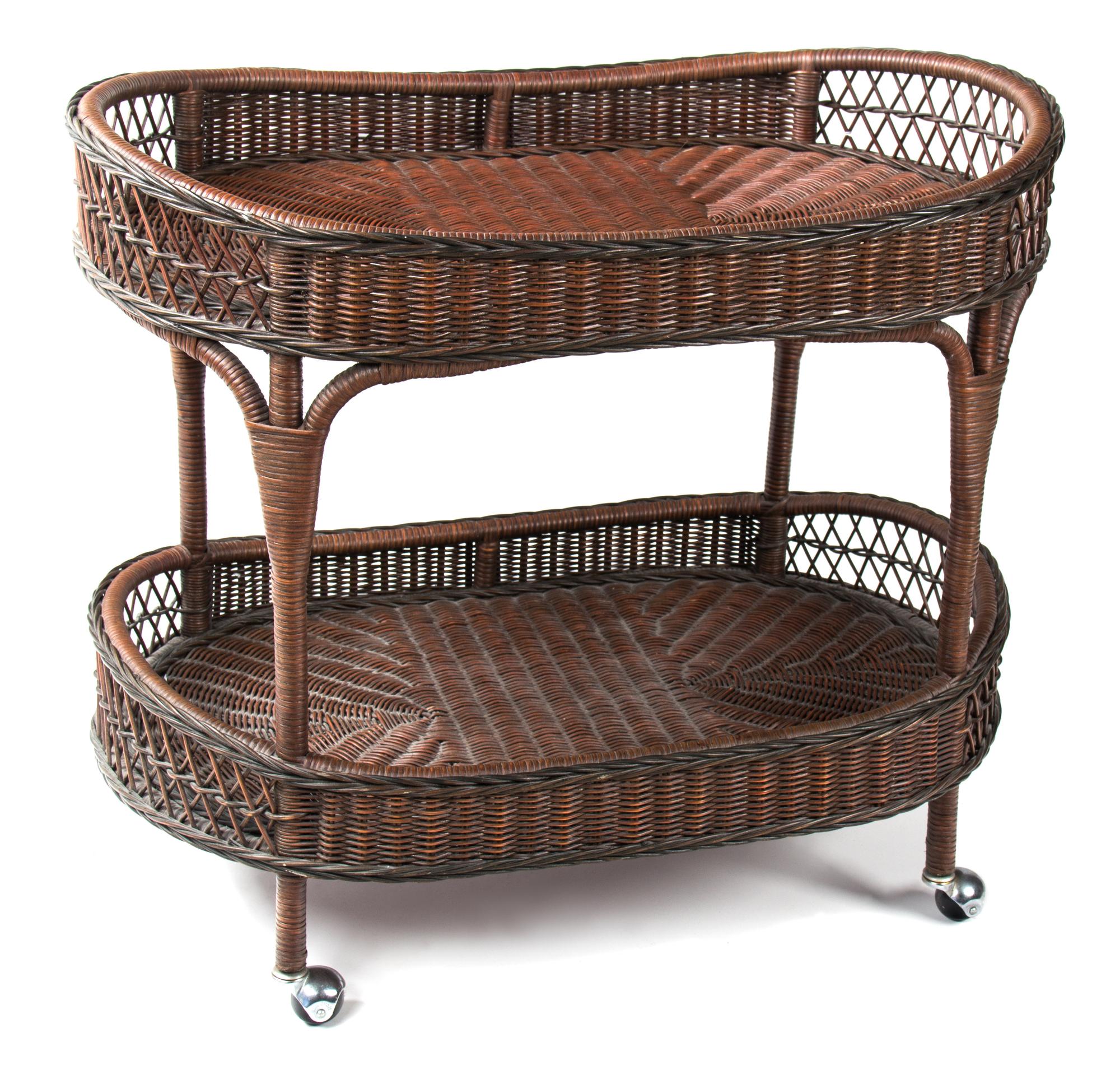 A Stained Wicker Tea Cart Height 31 x width 36 x depth 22 1/2 inches. — 20TH CENTURY