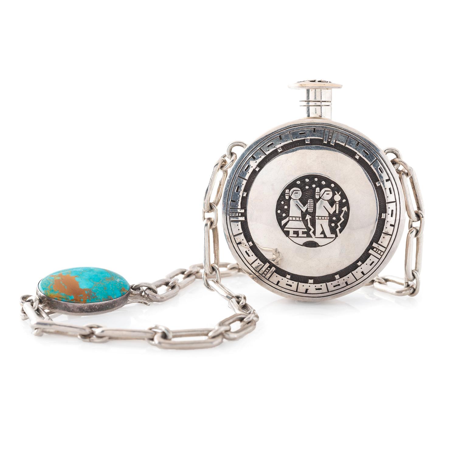 Sterling Silver Overlay Storyteller Canteen, with 14K Gold and Royston Turquoise Accents