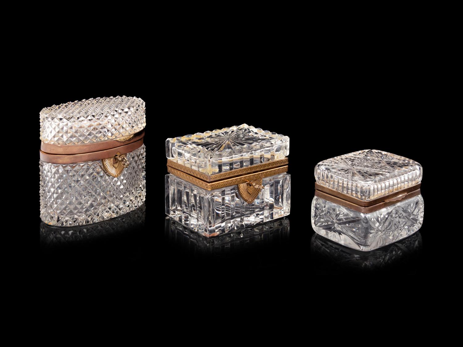Three French Gilt Metal Mounted Cut Glass Table Boxes