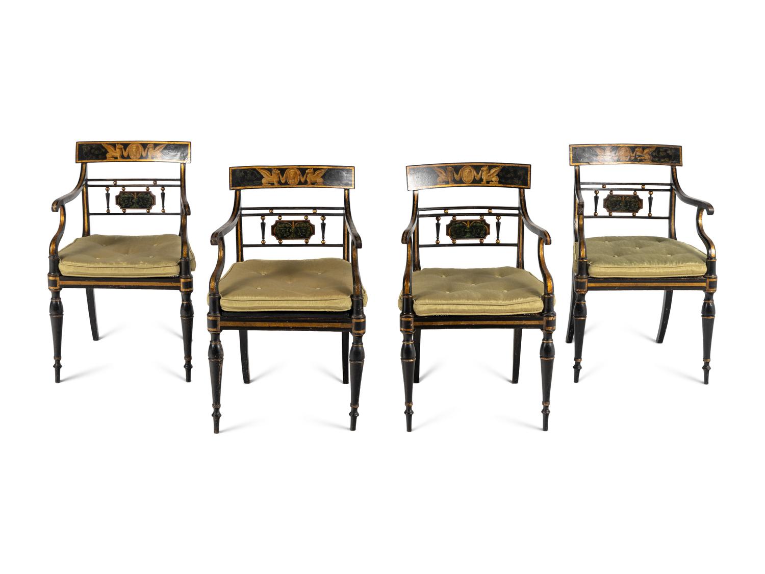 A Set of Four Regency Style Paint Decorated Cane-Seat Armchairs