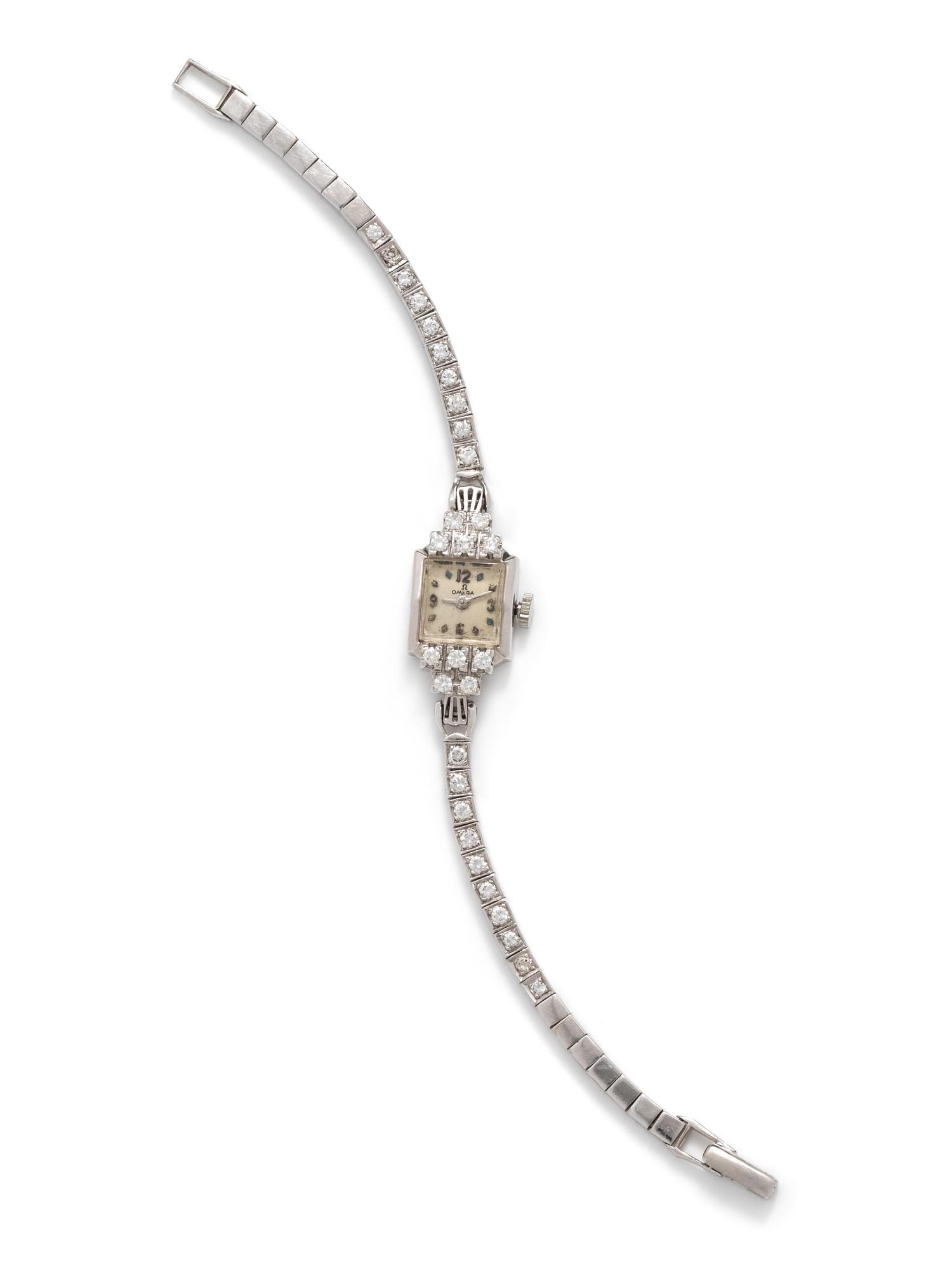 OMEGA, 14K WHITE GOLD AND DIAMOND WRISTWATCH