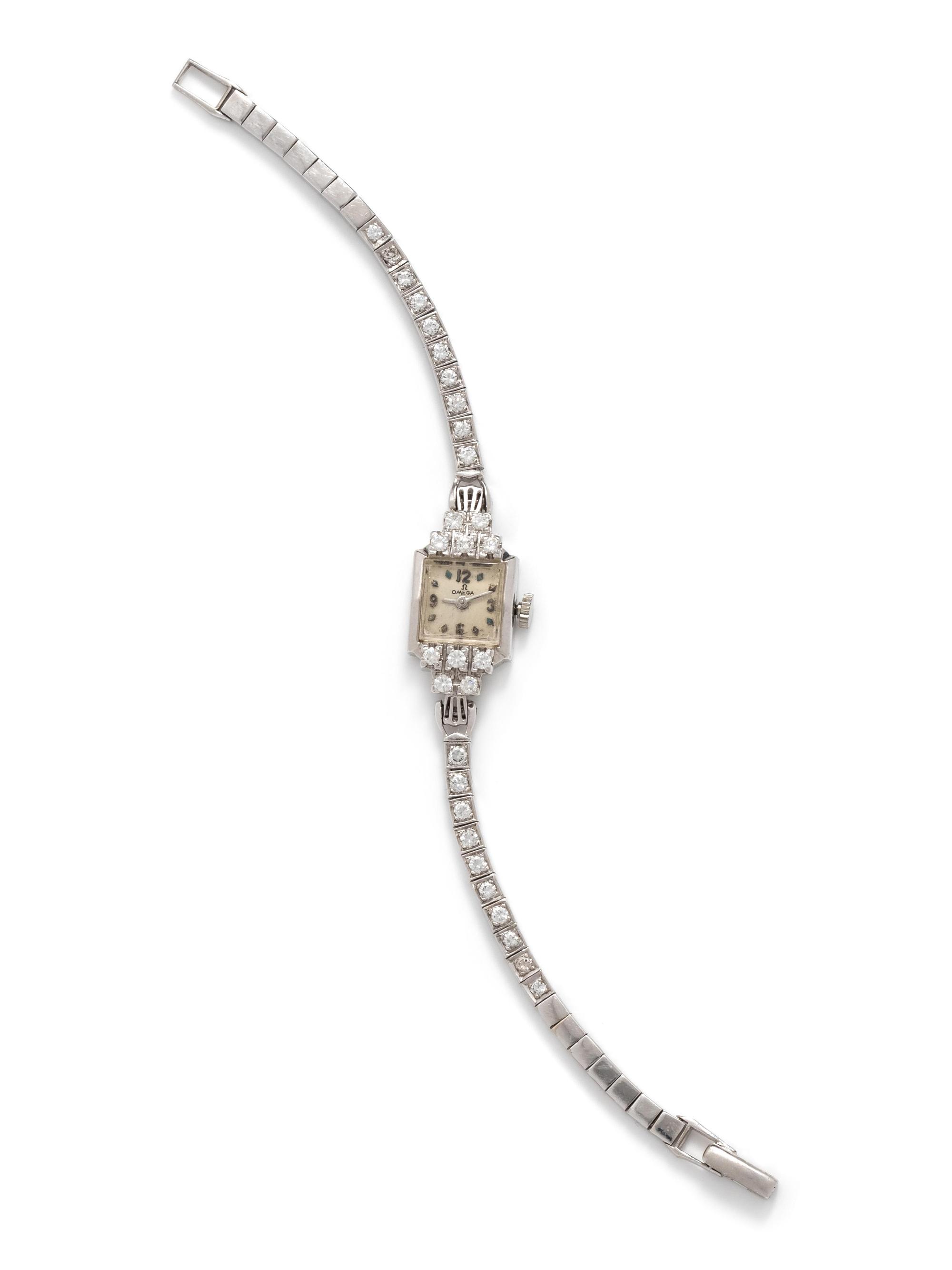OMEGA, 14K WHITE GOLD AND DIAMOND WRISTWATCH
