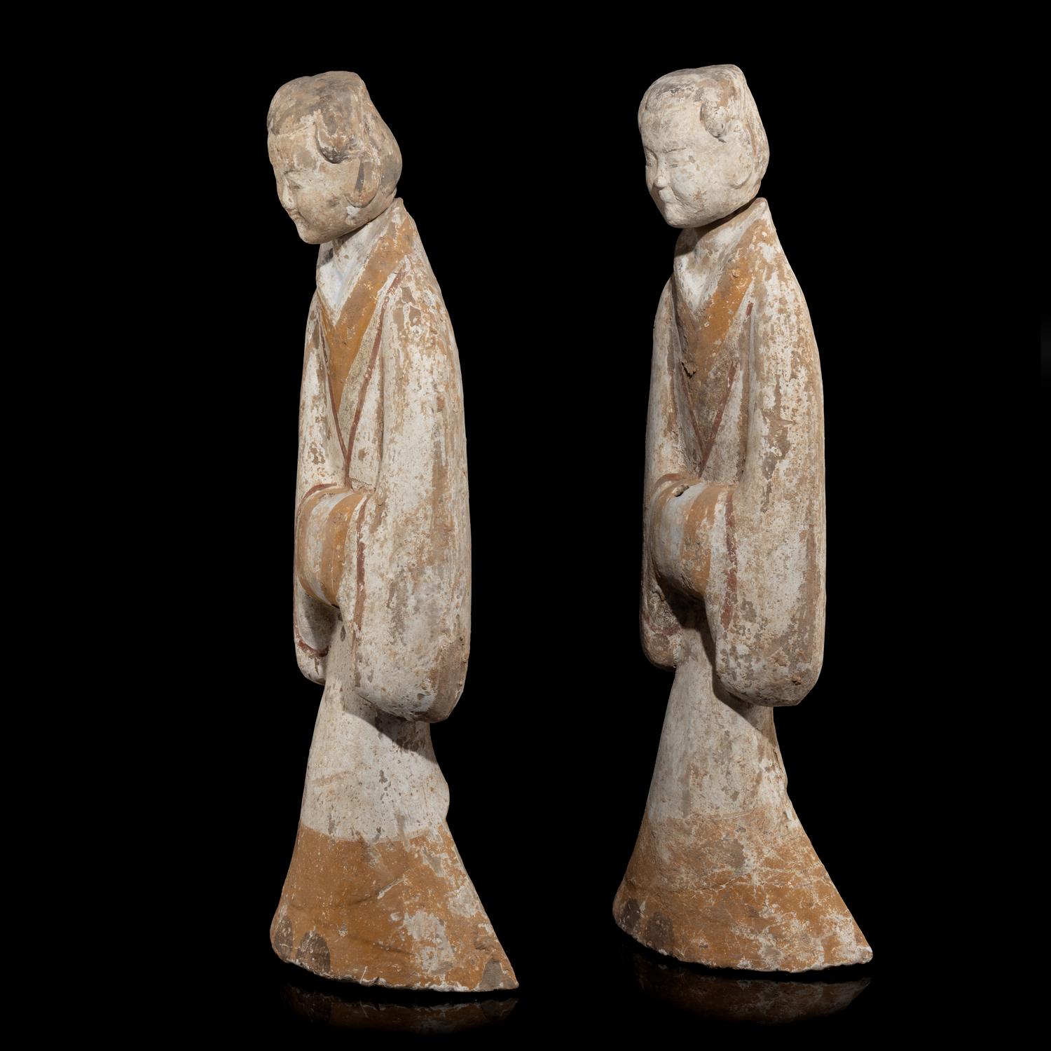 A Large Pair of Chinese Painted Pottery Ladies, Han Dynasty — 漢 灰陶彩繪侍奉俑一對