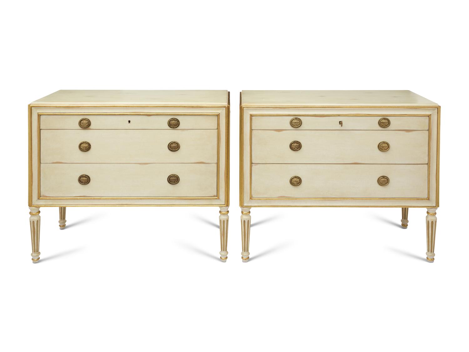 A Pair of Louis XVI Style Painted and Parcel Gilt Commodes