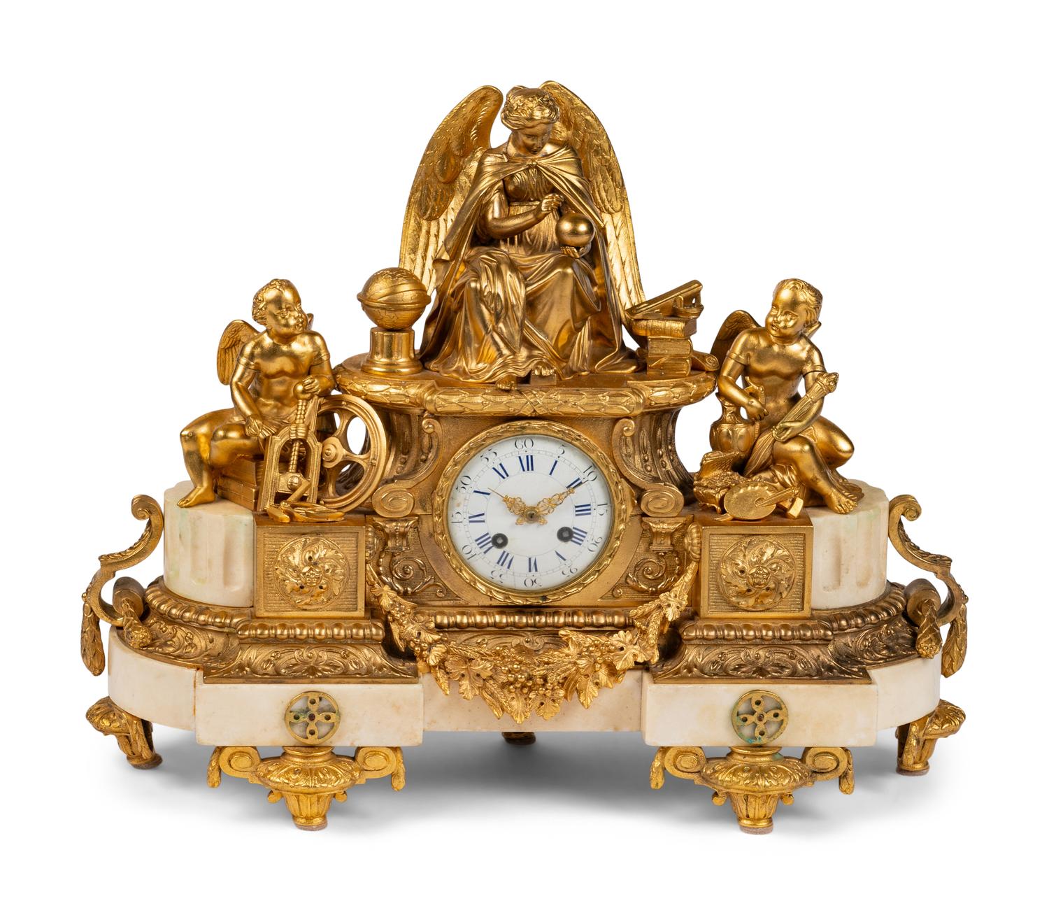 A French Gilt Bronze and Marble Mantel Clock