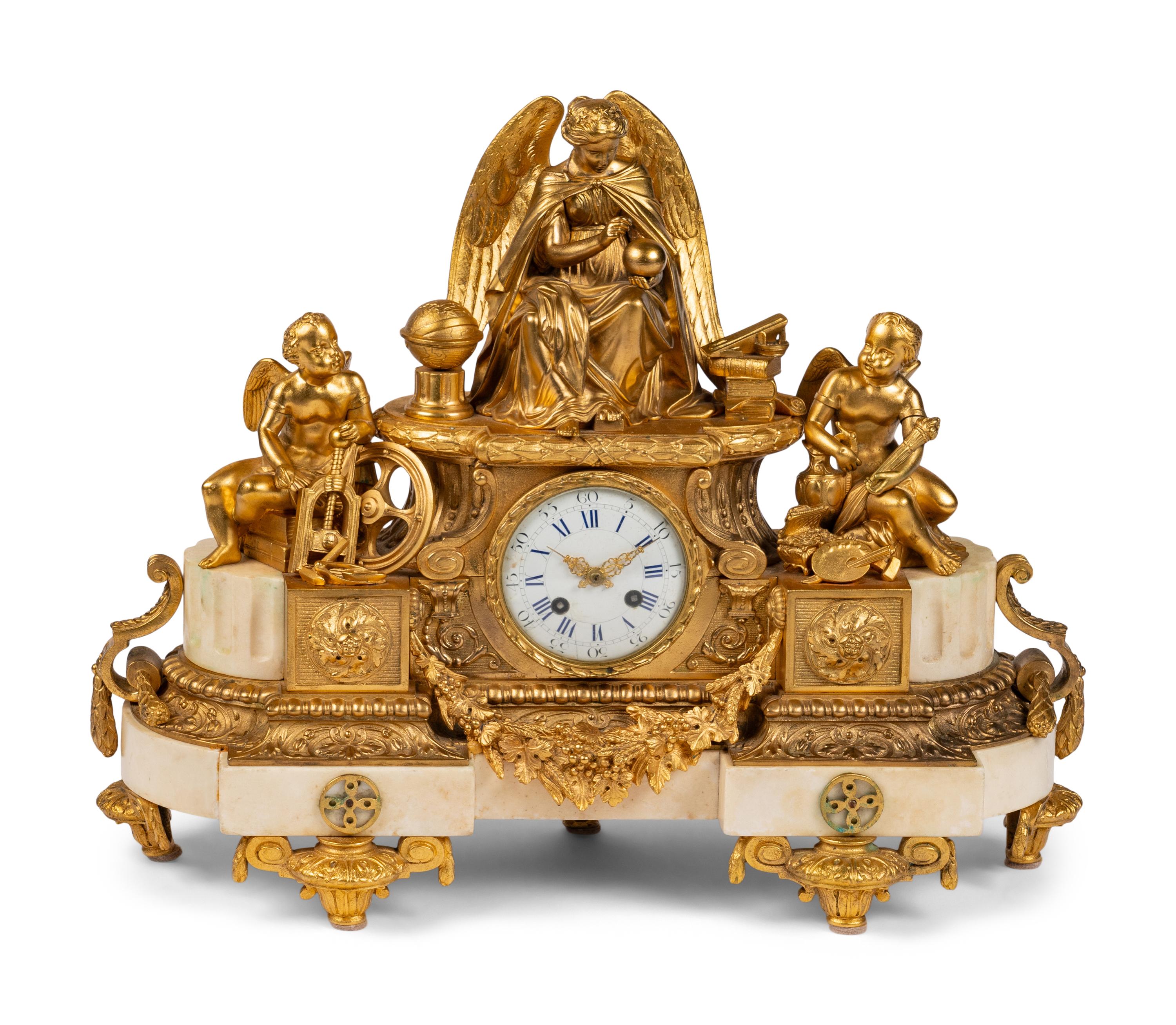 A French Gilt Bronze and Marble Mantel Clock