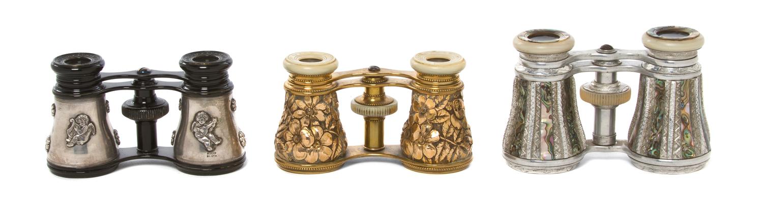 Three Pairs of Continental Opera Glasses, Width of first 4 inches.