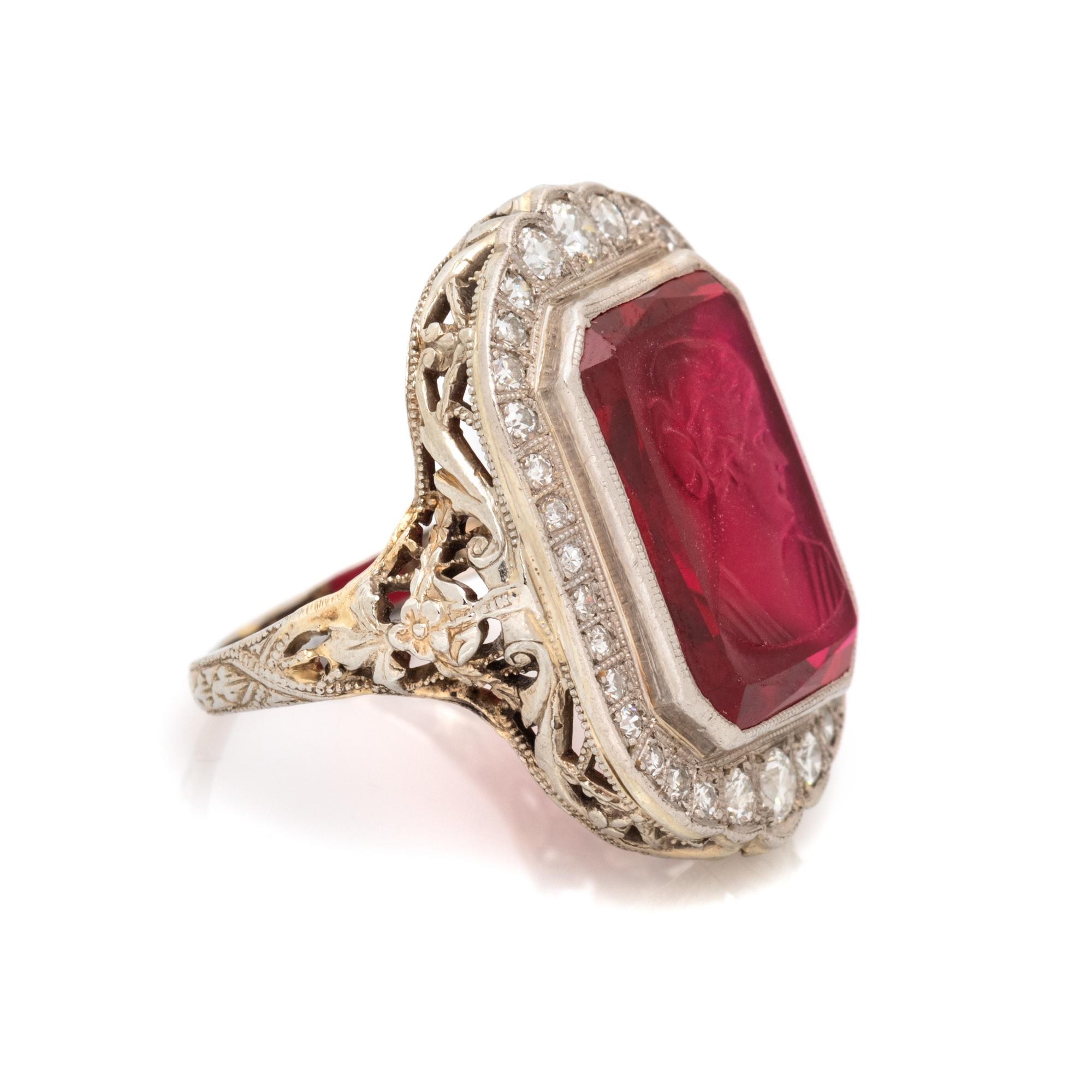 ART DECO, GLASS CAMEO AND DIAMOND RING