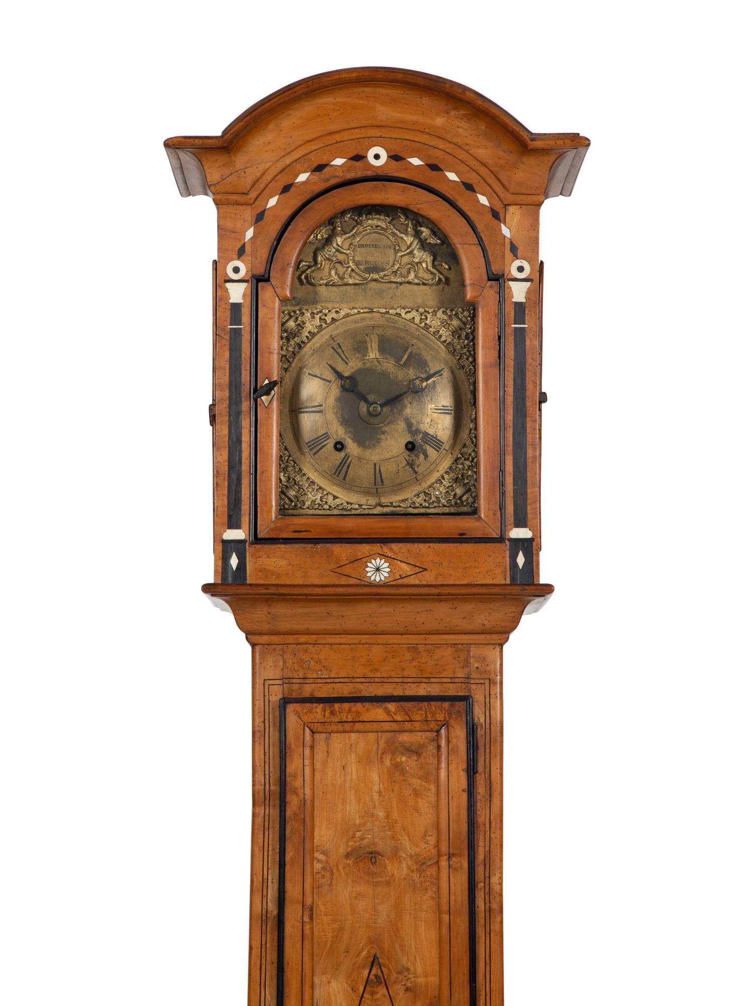 A French Fruitwood and Marquetry Tall Case Clock