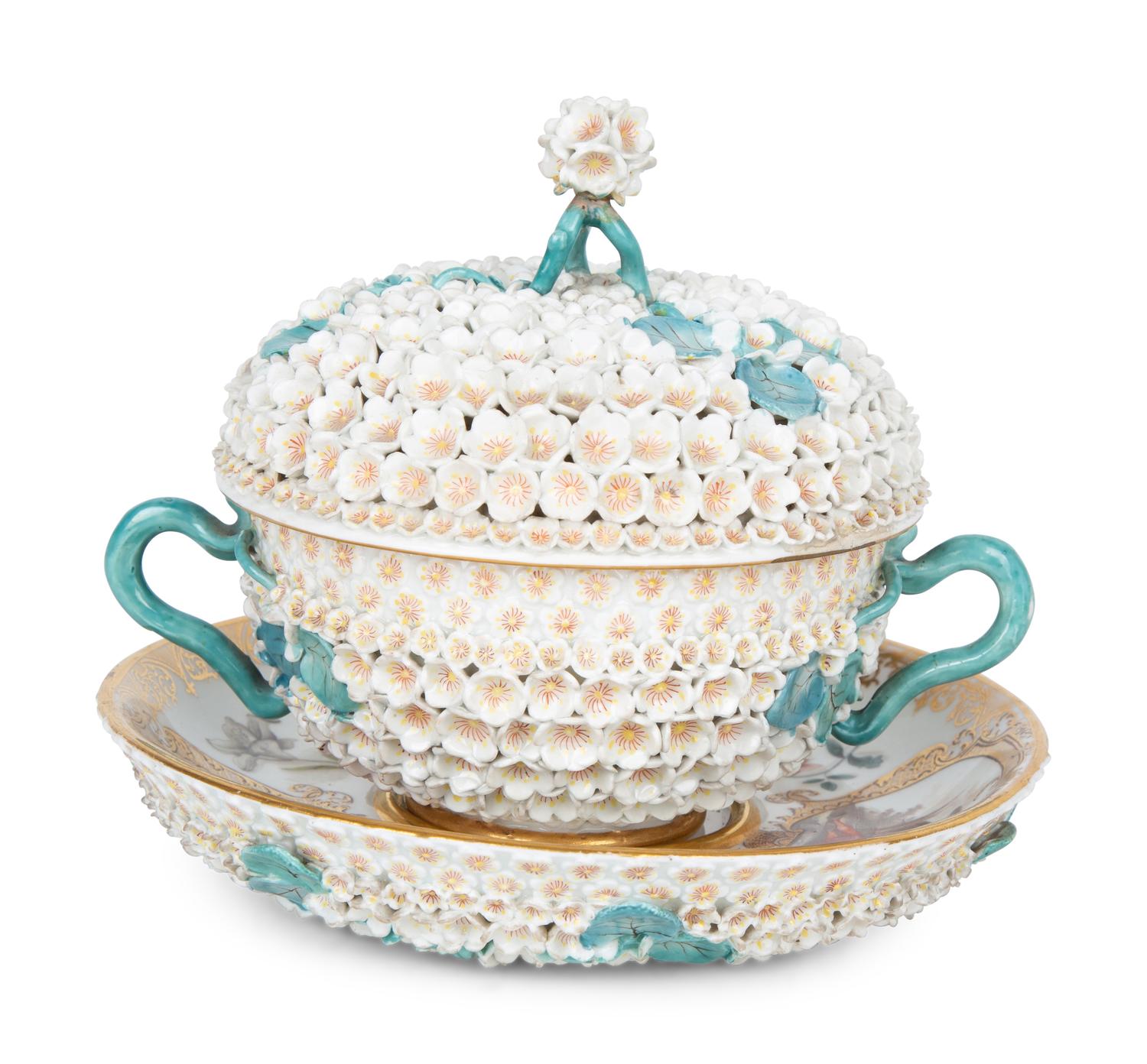 A Meissen Porcelain Schneeballen Covered Cup and Saucer — 19TH CENTURY