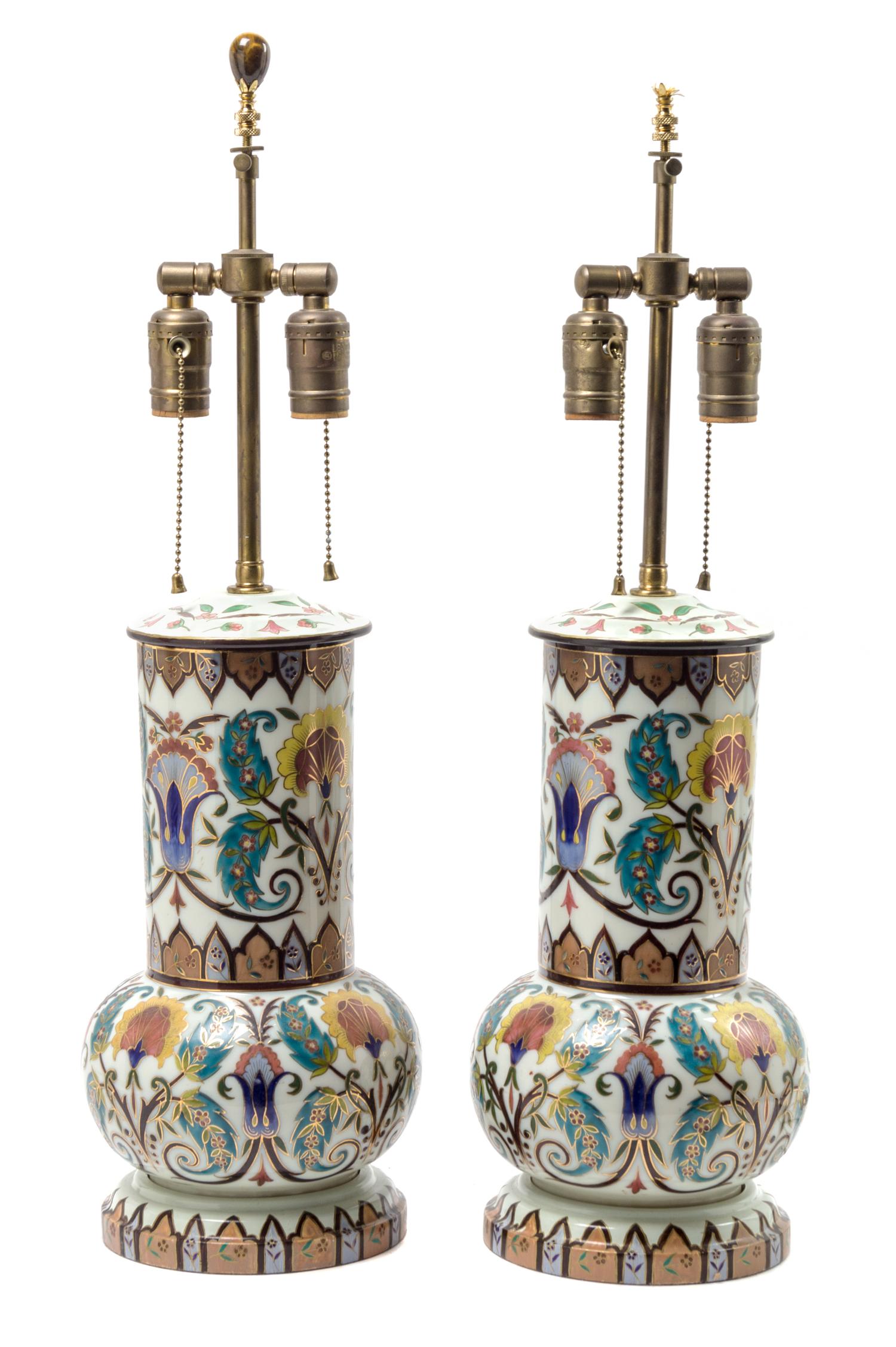 A Pair of Polychrome and Gilt Persian Style Lamps Height of first 25 3/4 inches. — 20TH CENTURY