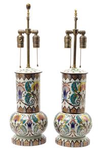 A Pair of Polychrome and Gilt Persian Style Lamps Height of first 25 3/4 inches. — 20TH CENTURY