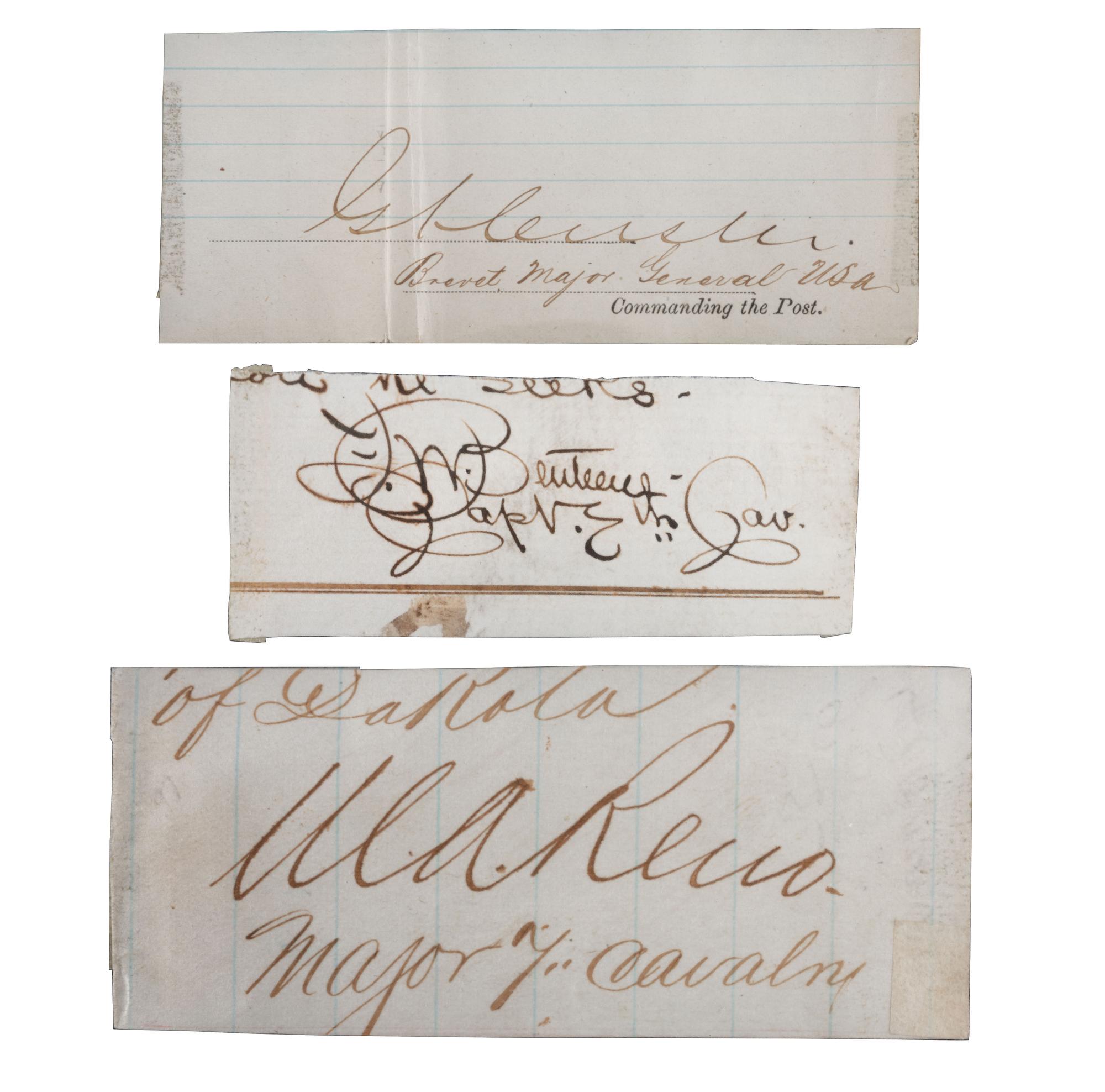CUSTER, George Armstrong, RENO, Marcus, and BENTEEN, Frederick. A group of 3 clipped signatures of 7th Cavalry officers framed.