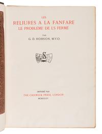 [BINDING -- HOBSON, Geoffrey Dudley]. HOBSON, Geoffrey Dudley (1882-1949). Les Reliures a la Fanfare le Probème de l's Fermé . London: Chiswick Press for the Société des Bibliophiles Français, 1935.