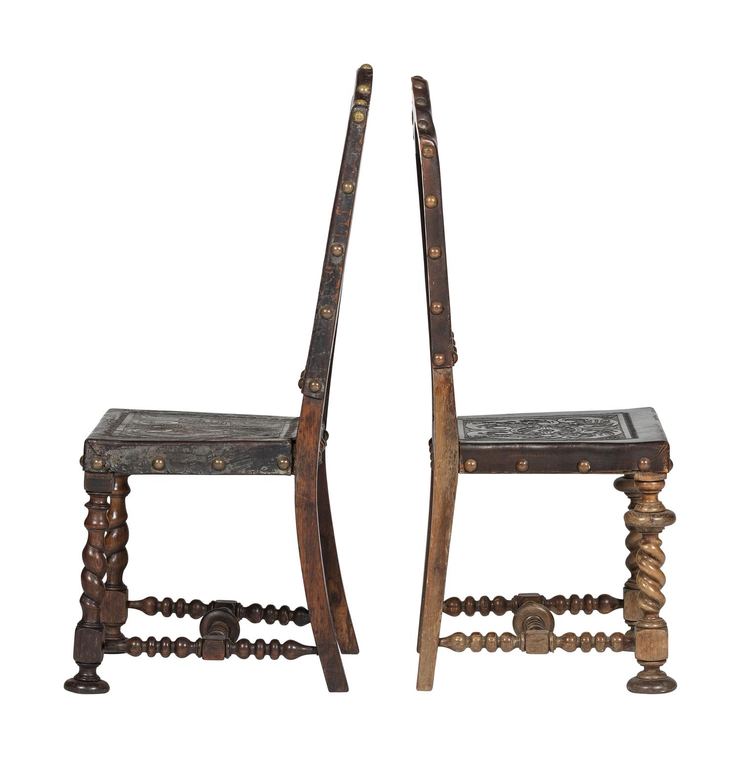 Six Mizner Carved Walnut and Embossed Leather Back Side Chairs