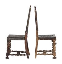 Six Mizner Carved Walnut and Embossed Leather Back Side Chairs