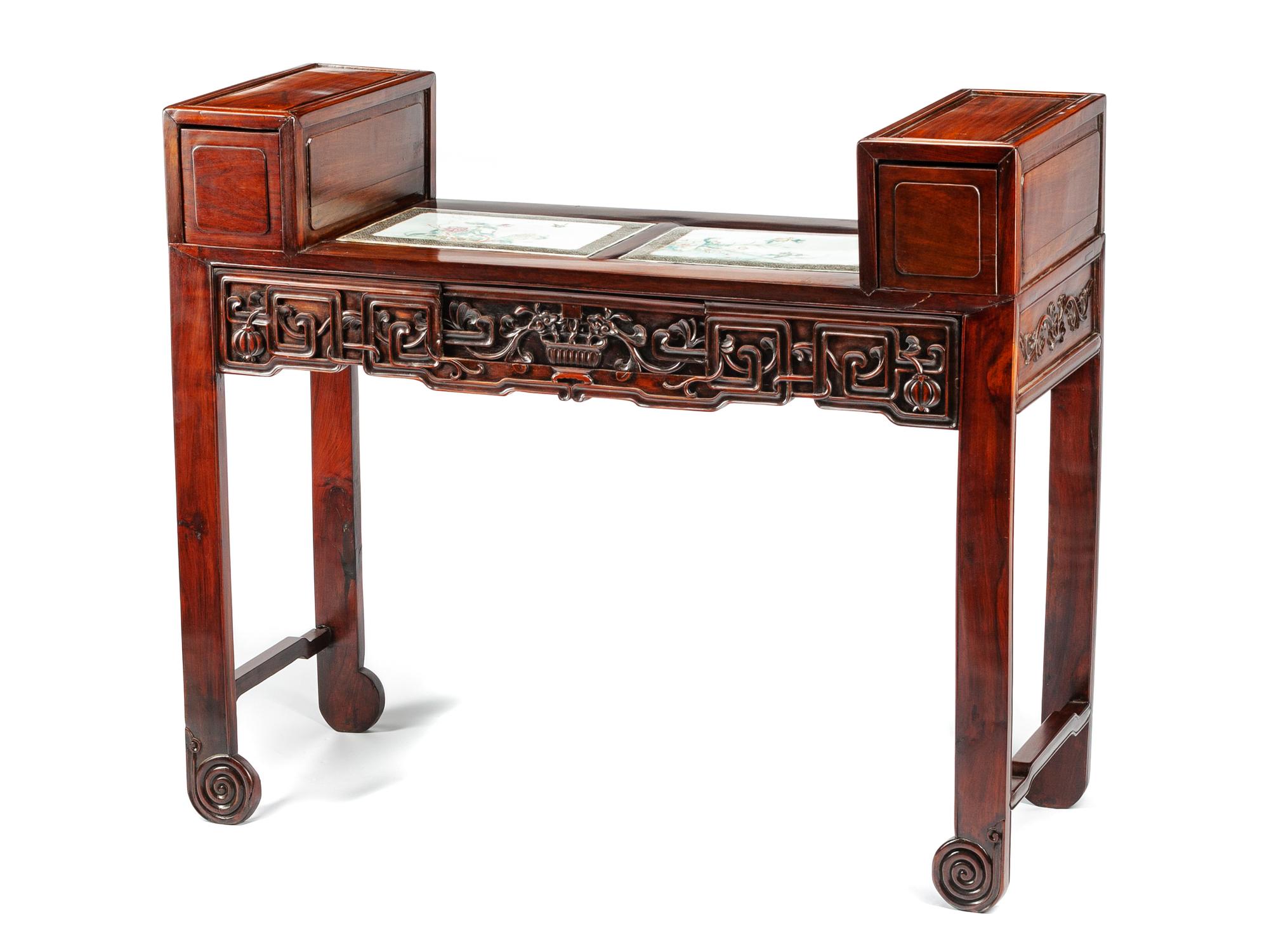 A Chinese Porcelain Mounted Hardwood Cabinet