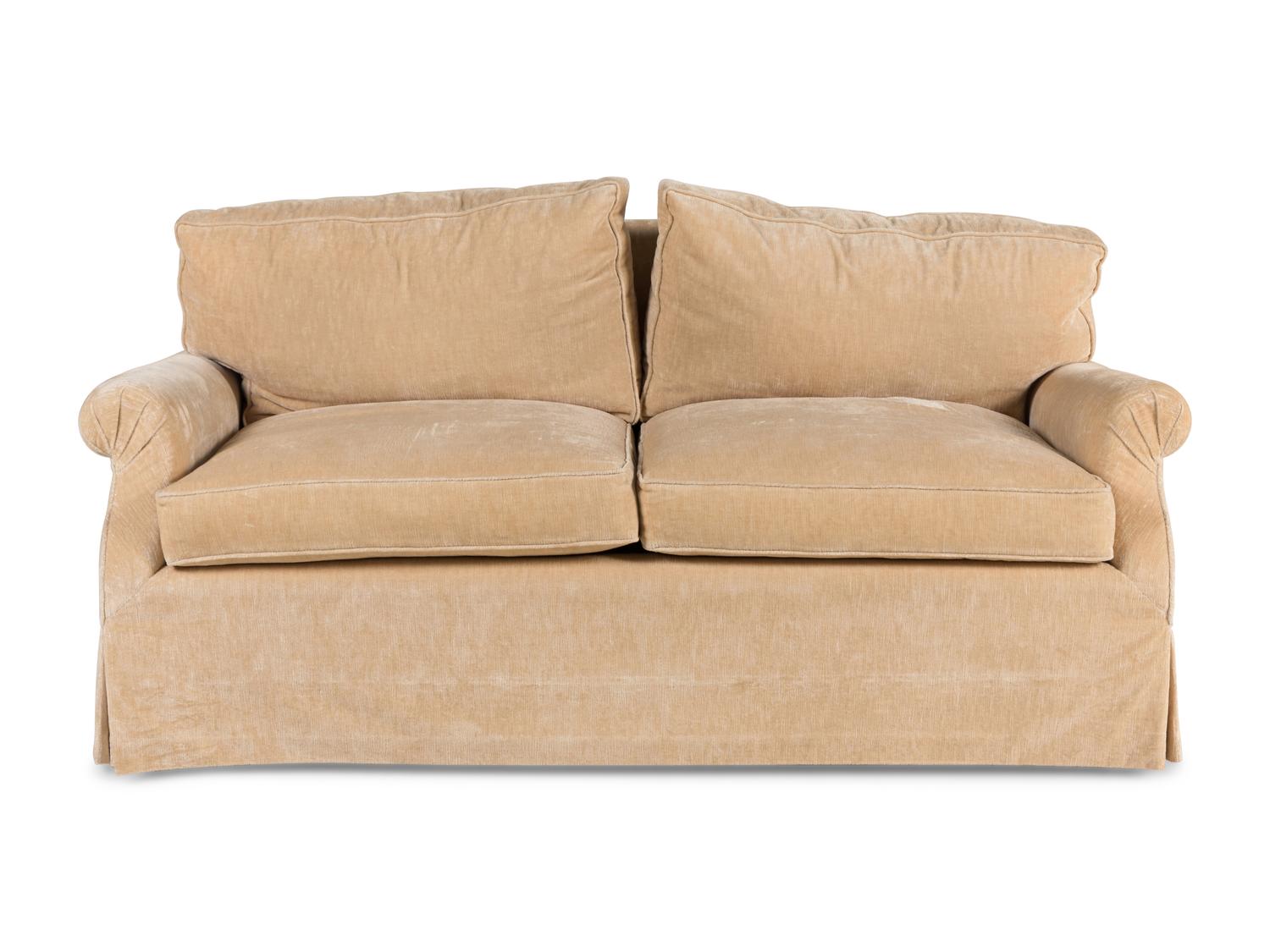 A Contemporary Velvet-Upholstered Two-Cushion Sofa