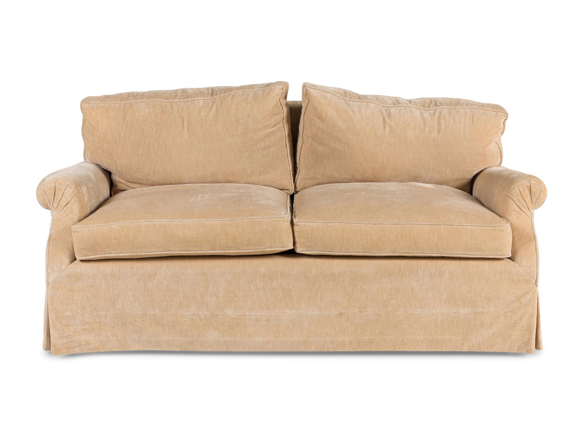 A Contemporary Velvet-Upholstered Two-Cushion Sofa